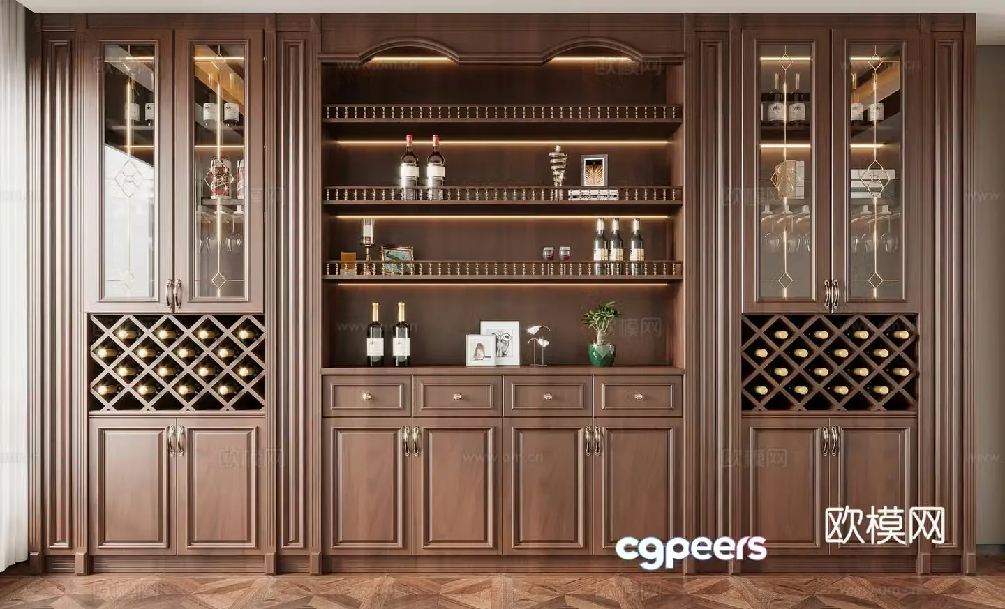 American solid wood wine cabinet glass wine cabinet 3D model