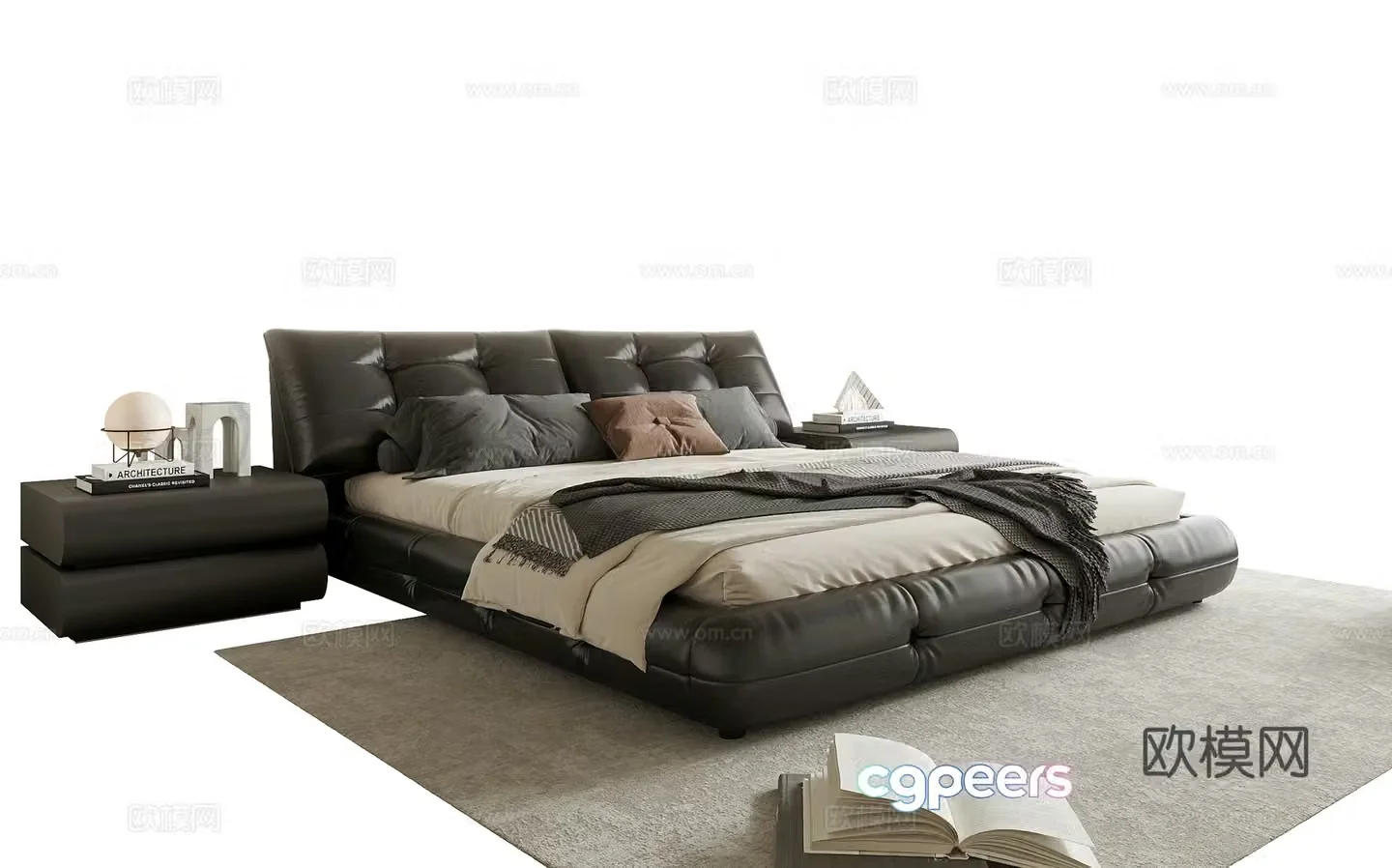 Modern double bed nightstand leather bed 3d model
