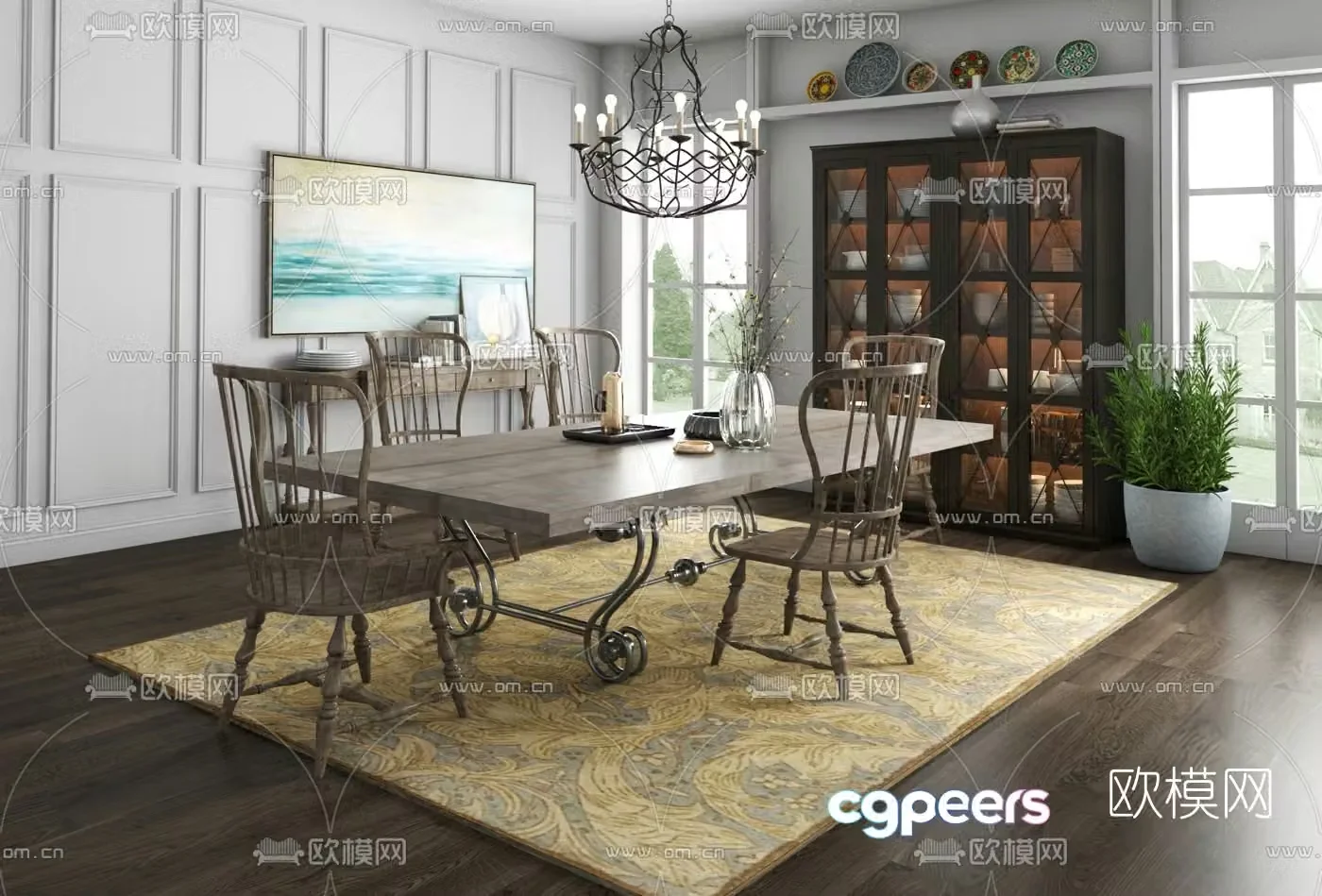 American Hooker brand American mixed-match dining table and chairs 3D model