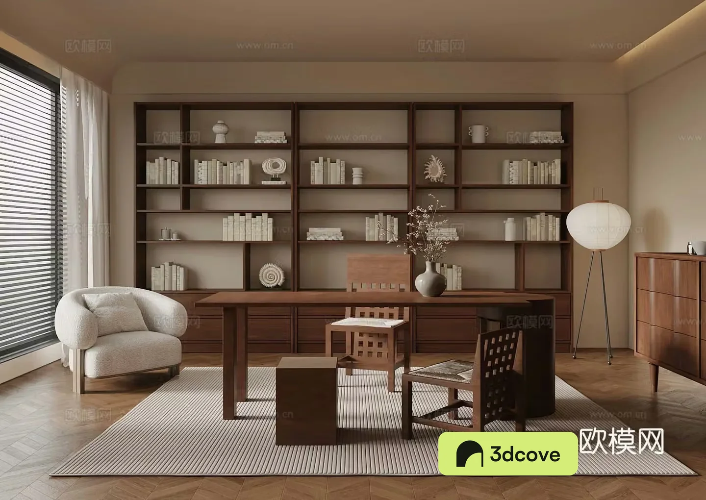 Middle-aged study bookcase desk and chair 3D model