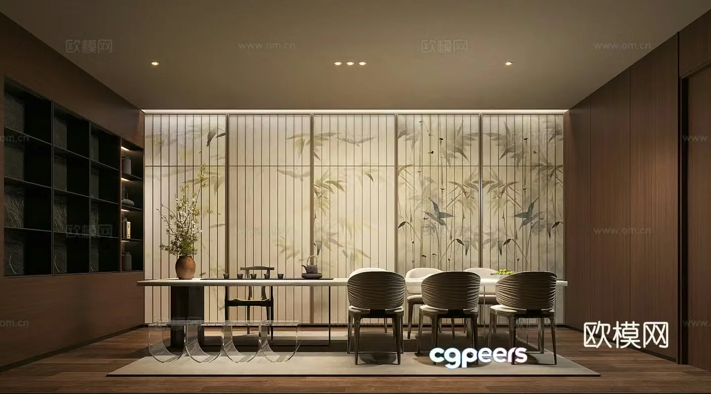 New Chinese-style tea room Club tea room Tea table and chair combination Solid wood tea cabinet 3D model