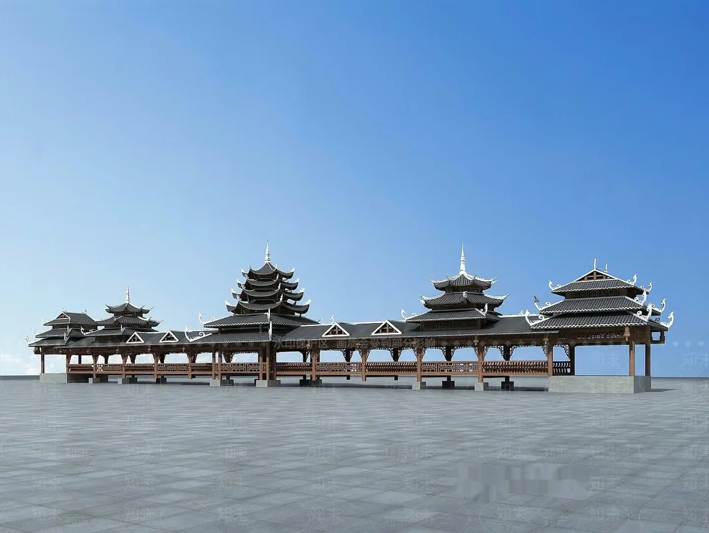 The Main Subject Is A Chinese-Style Building With A Gray Roof 3D Model – 15212 – VRAY Render