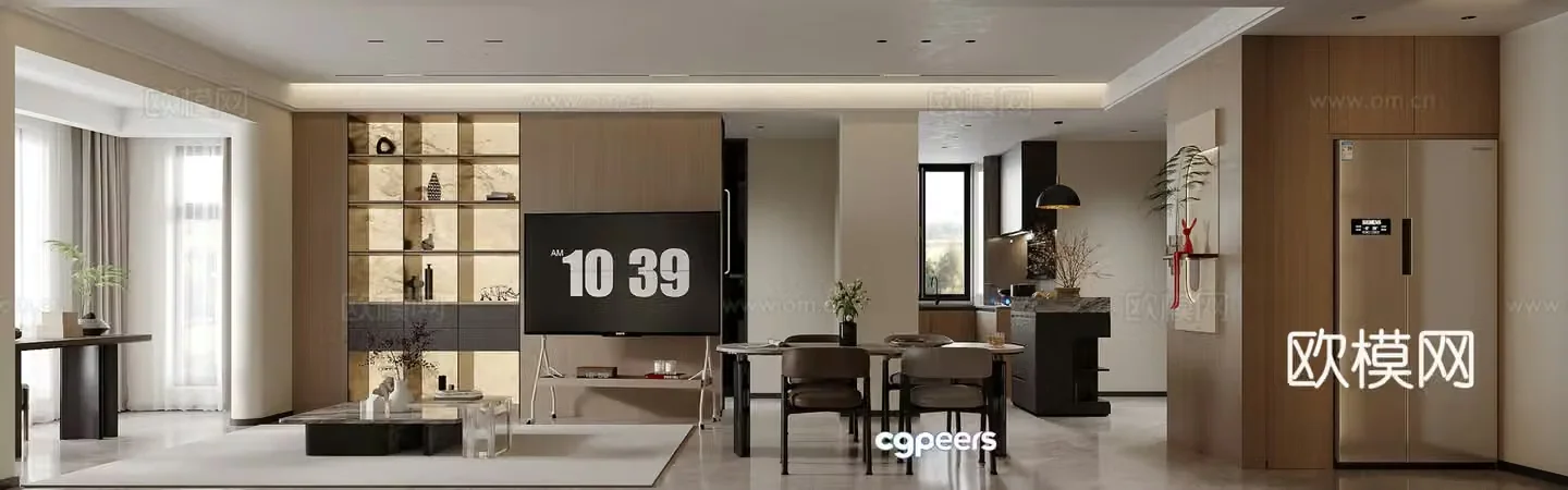 Modern Italian light luxury living and dining room kitchen 3D model