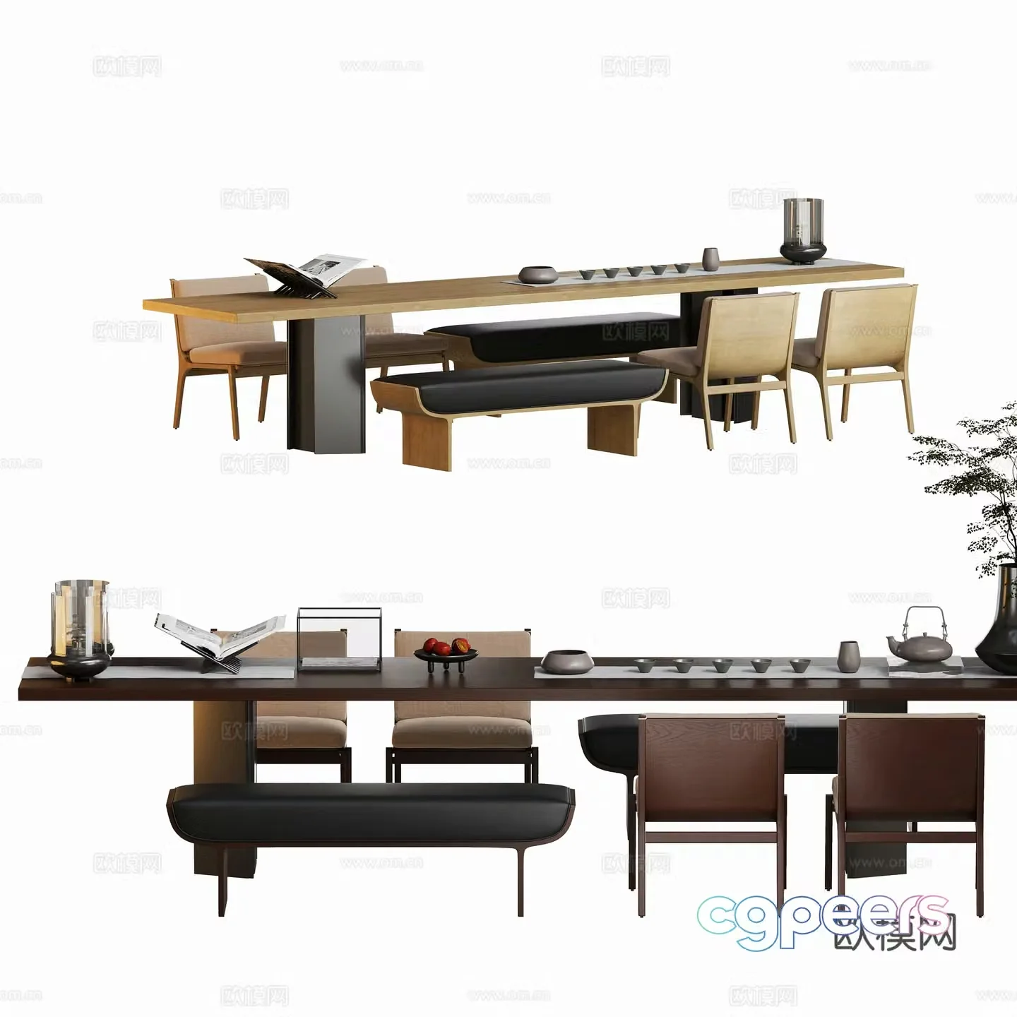 Sales office large slab table and chair combination 3D model