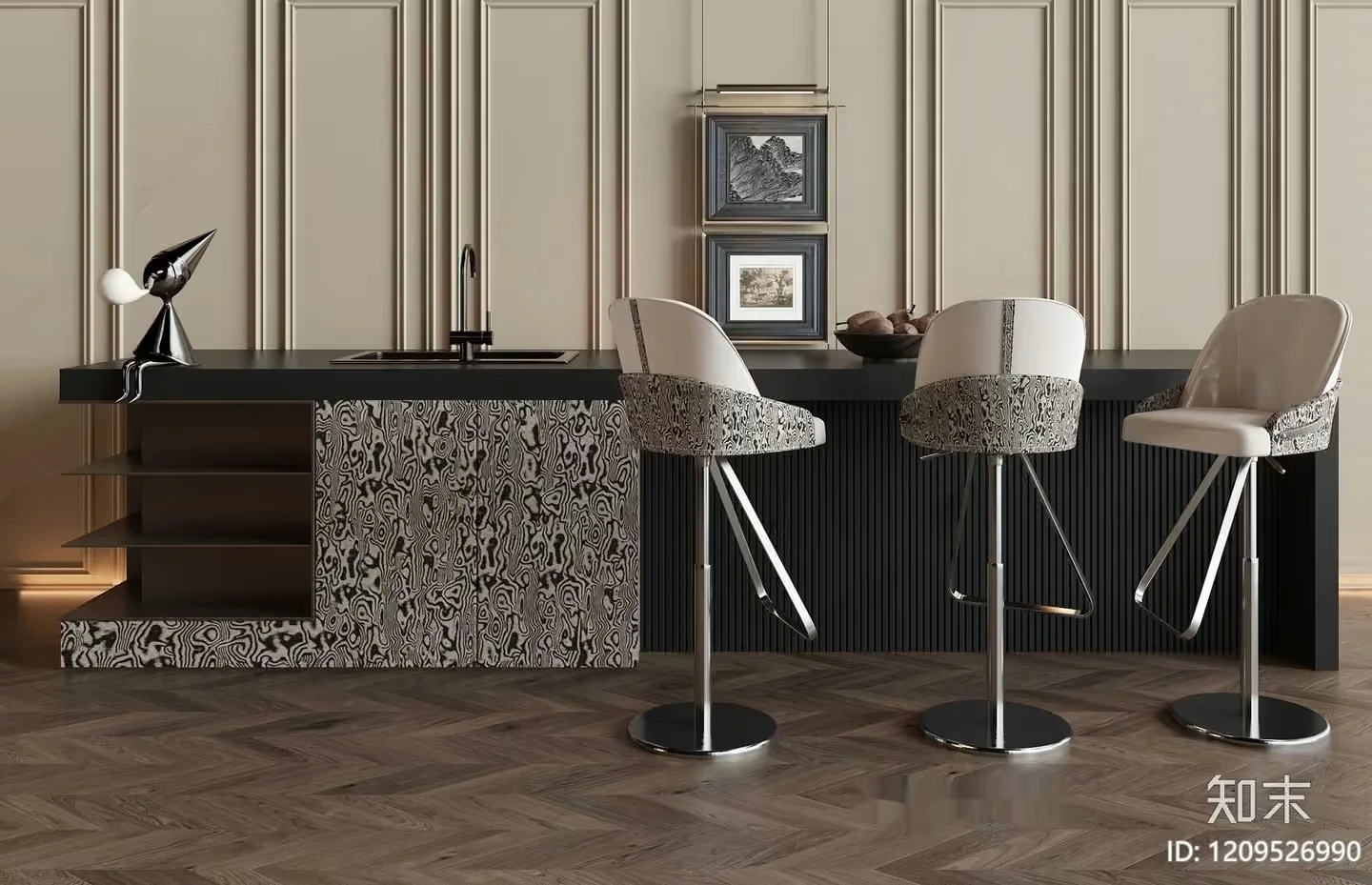 Modern Kitchen With Stools 3D Model – 223 – VRAY Render