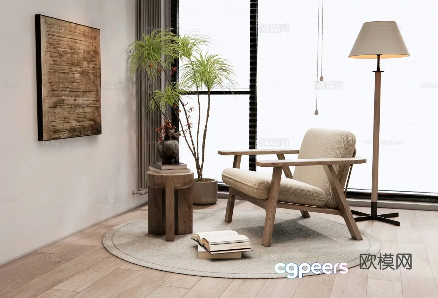 Modern leisure chair lounge chair leisure table and chair floor lamp plant potted plant carpet hanging painting 3d model