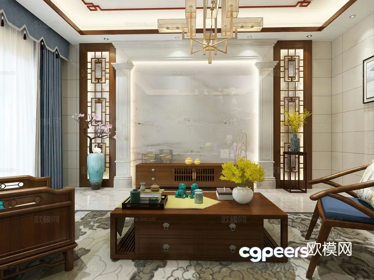 New Chinese style background wall sofa combination 3D model