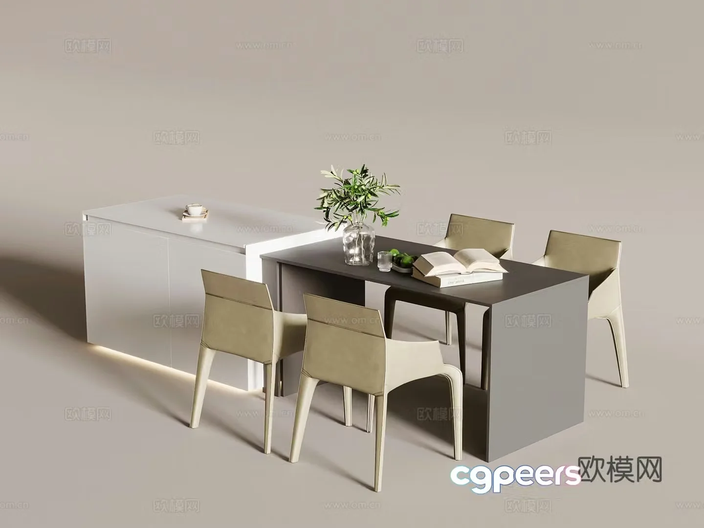 Modern minimalist island bar dining table and chair 3D model