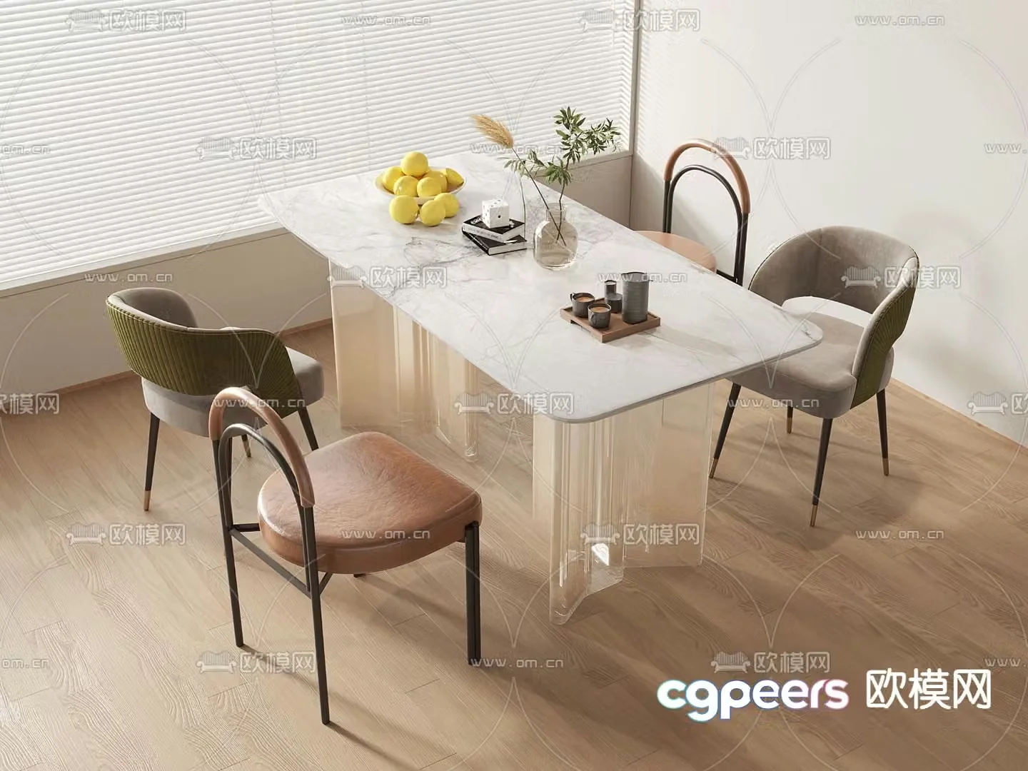 Cream style dining table and chairs slate dining table 3D model