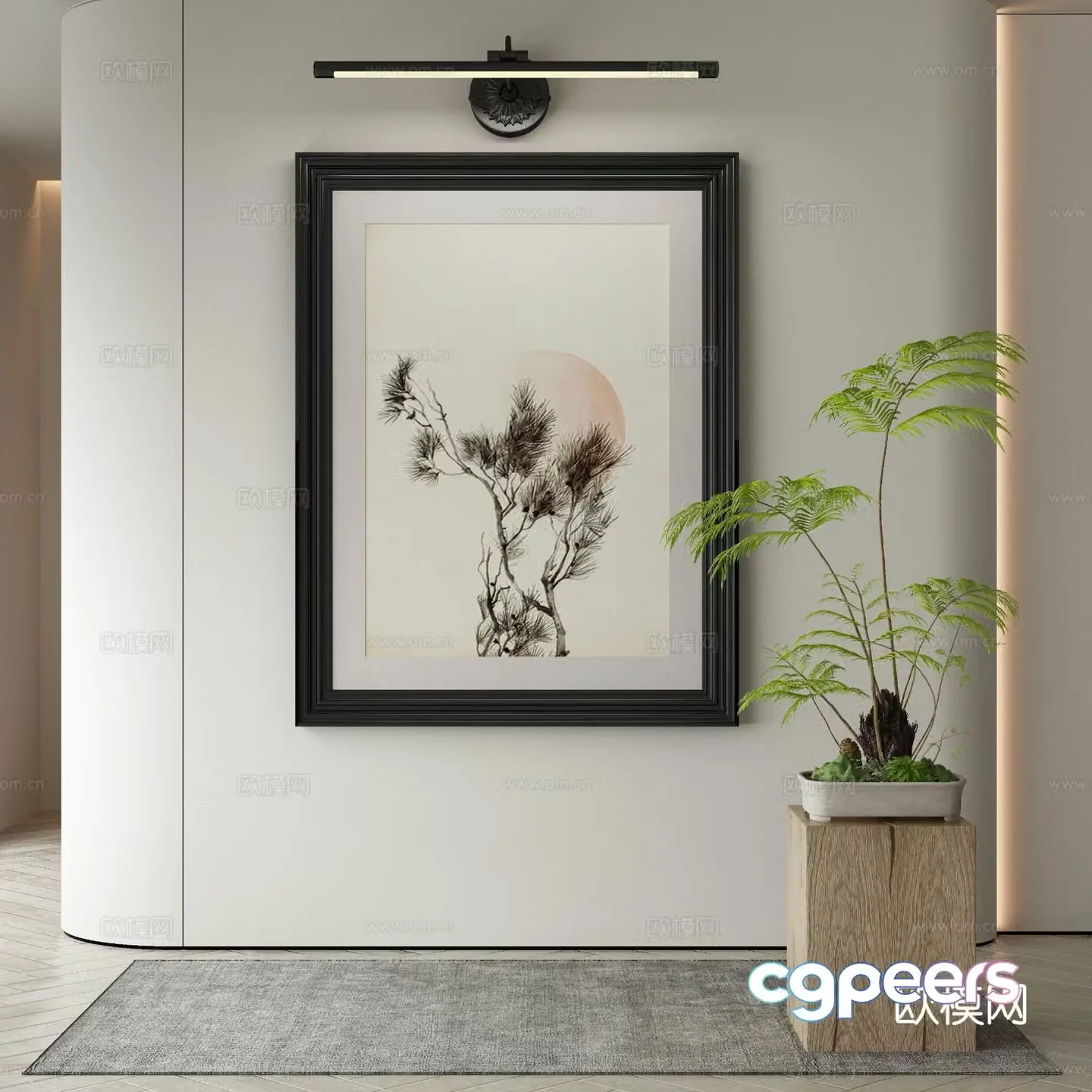 New Chinese style decorative painting Zen hanging painting mirror headlight 3D model