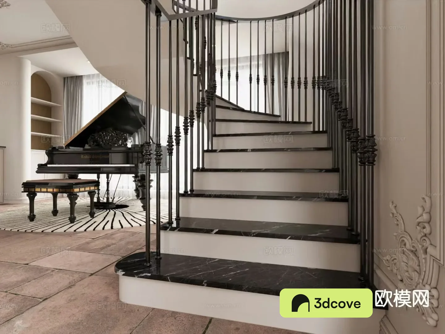 French stairwell piano room