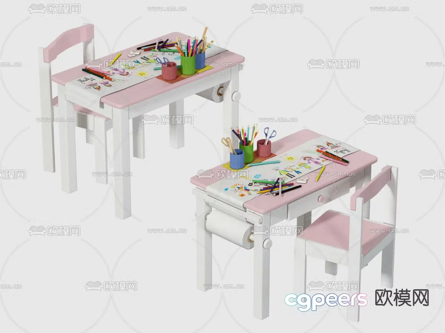 Modern children’s study desk and chair 3d model