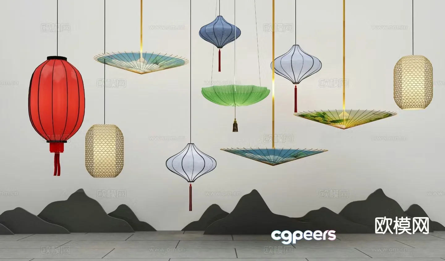New Chinese style lantern oil paper umbrella decorative lamp 3d model