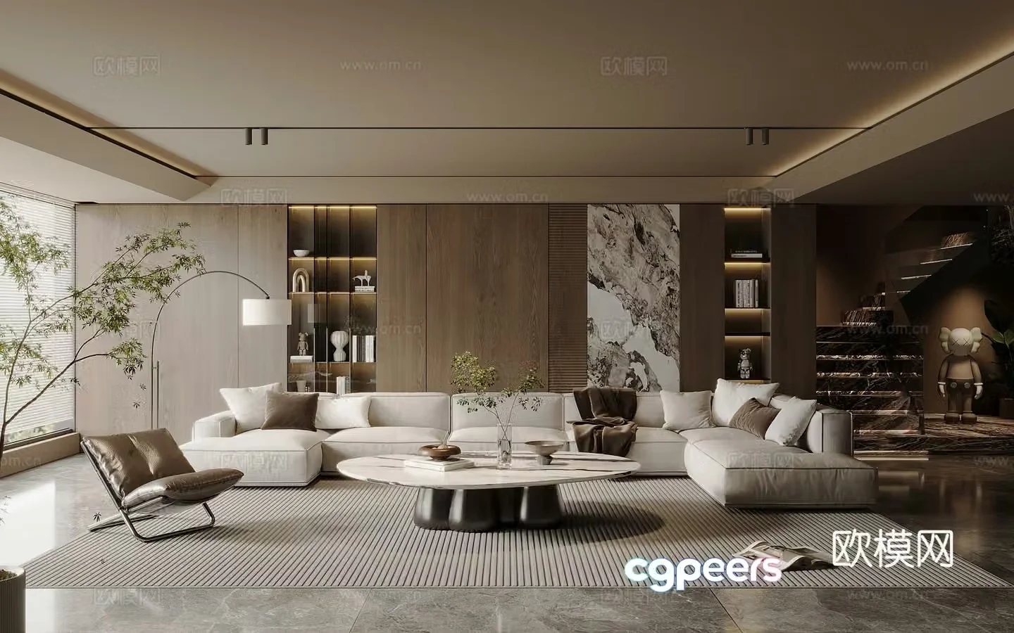 Modern Italian home living room fabric sofa and coffee table combination light luxury coffee table large flat layer bookcase 3D model