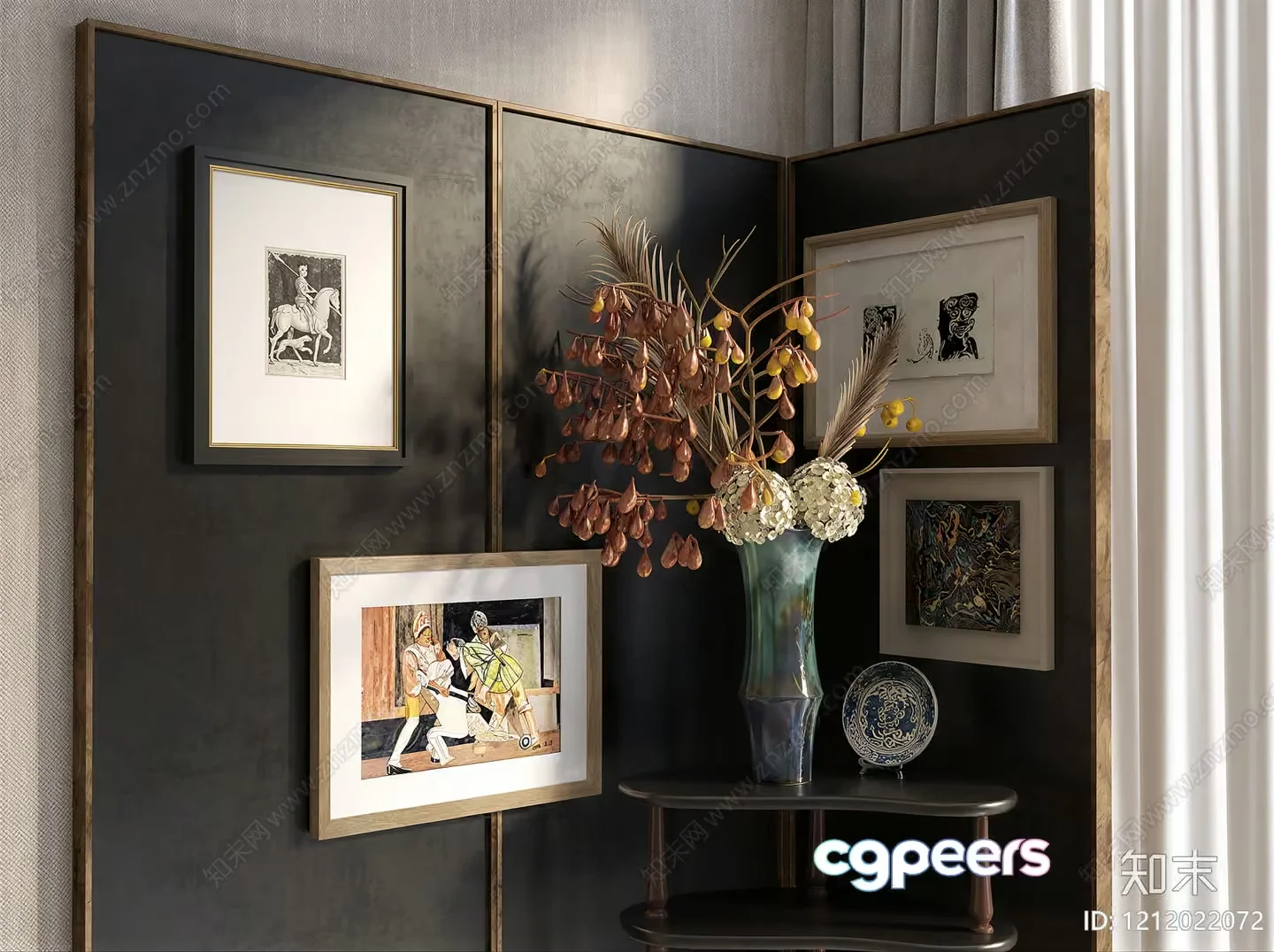 A Decorative Room With A Collection Of Framed Art Pieces And A Vase With Flowers 3D Model – 18053 – VRAY Render