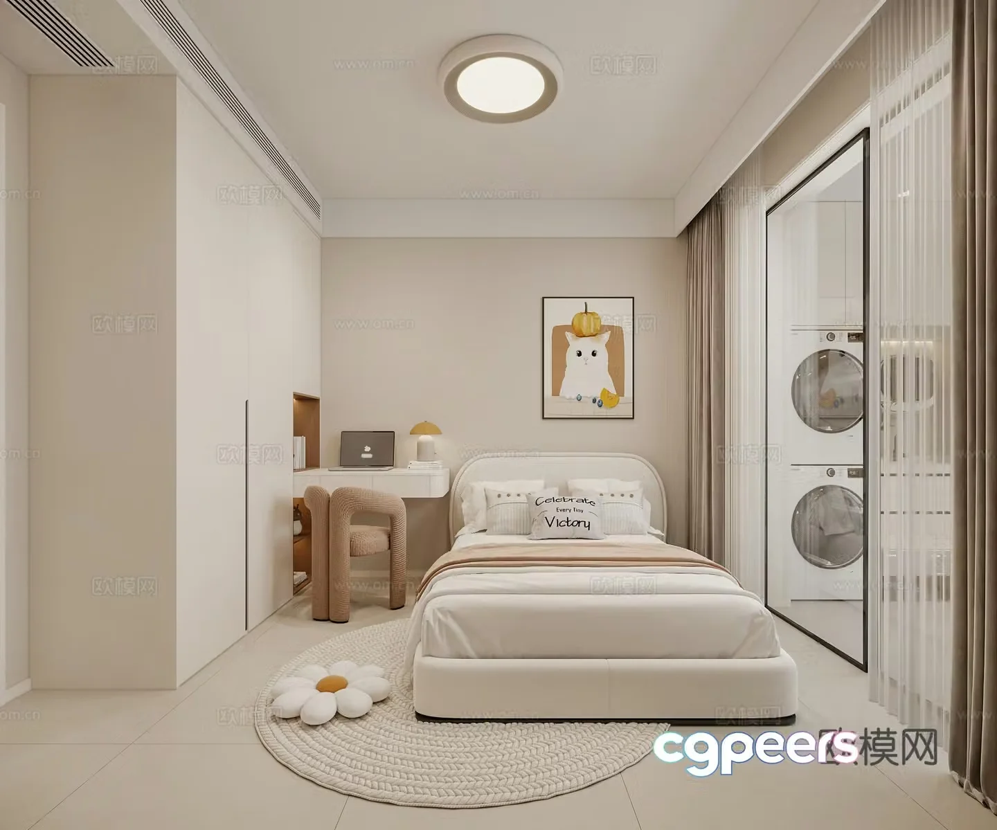 Modern creamy children’s room bedroom children’s bed desk chair wardrobe painting curtain ceiling 3d model