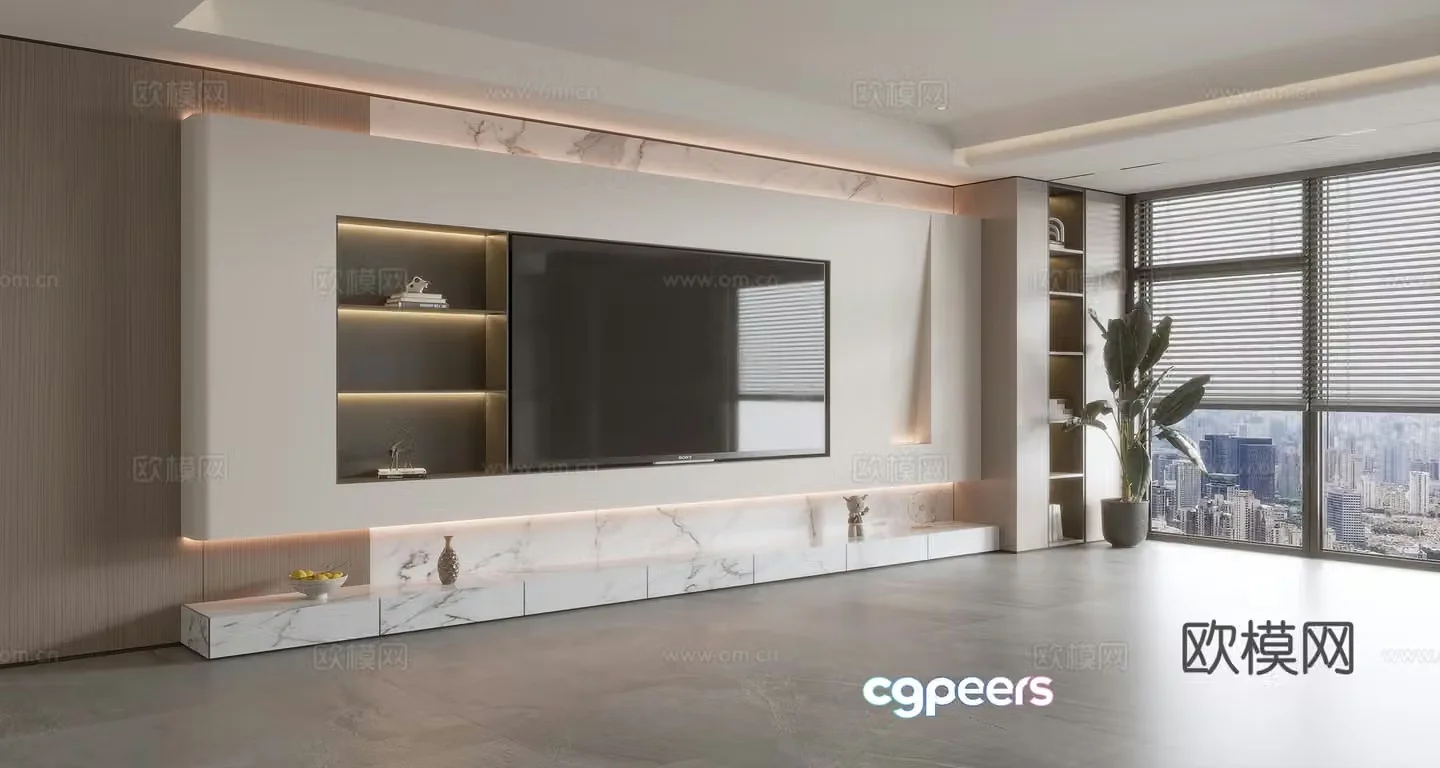 Modern simple living room light luxury TV background wall full wall TV cabinet 3D model