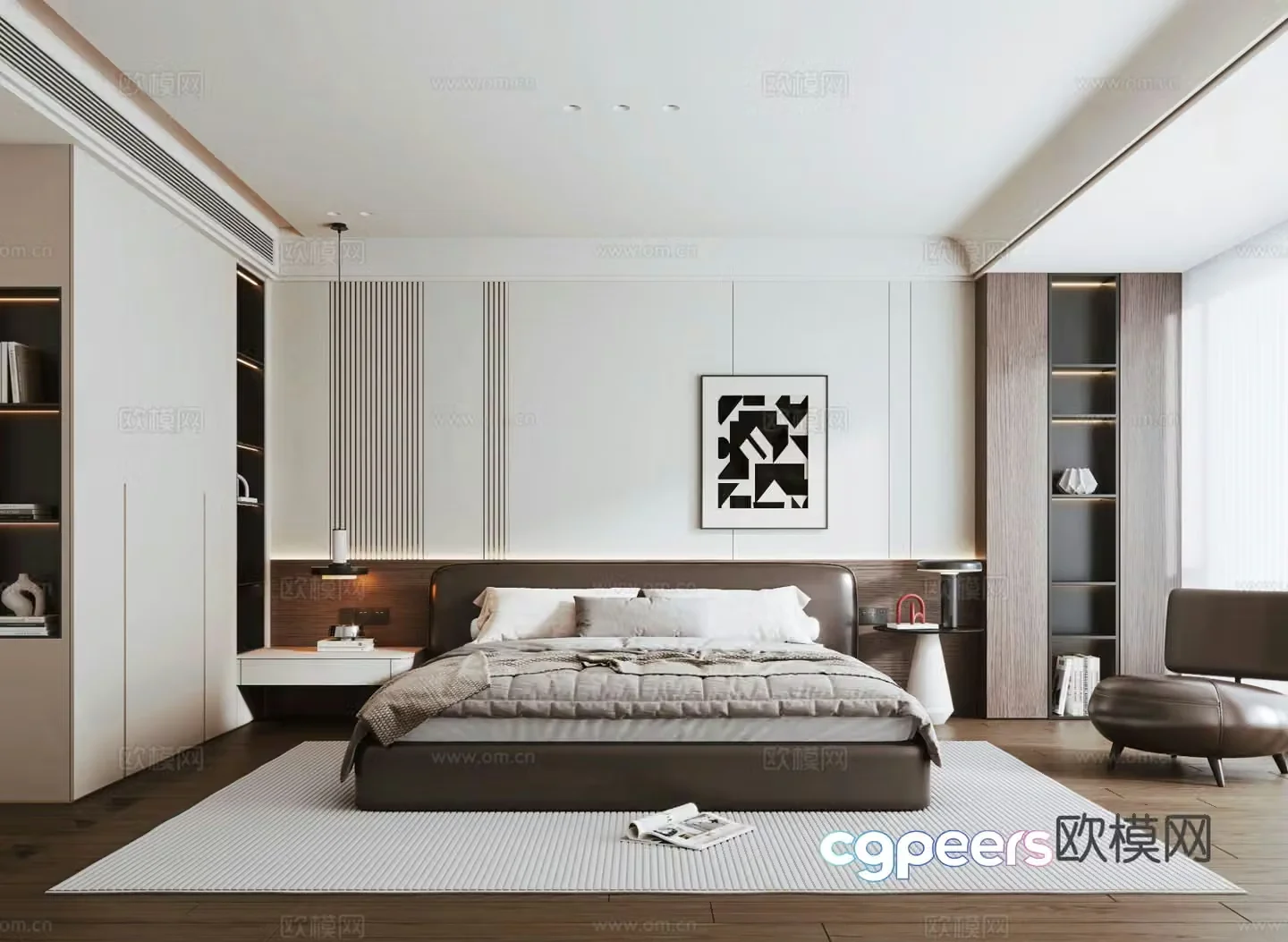 Italian light luxury home bedroom Italian leather double bed bedside wardrobe bedroom decoration painting 3D model