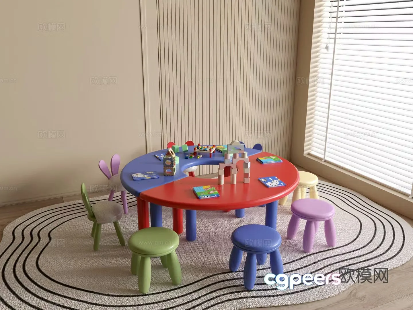 Modern kindergarten table and chairs kindergarten toys child seat combination children’s handmade table cartoon table 3d model