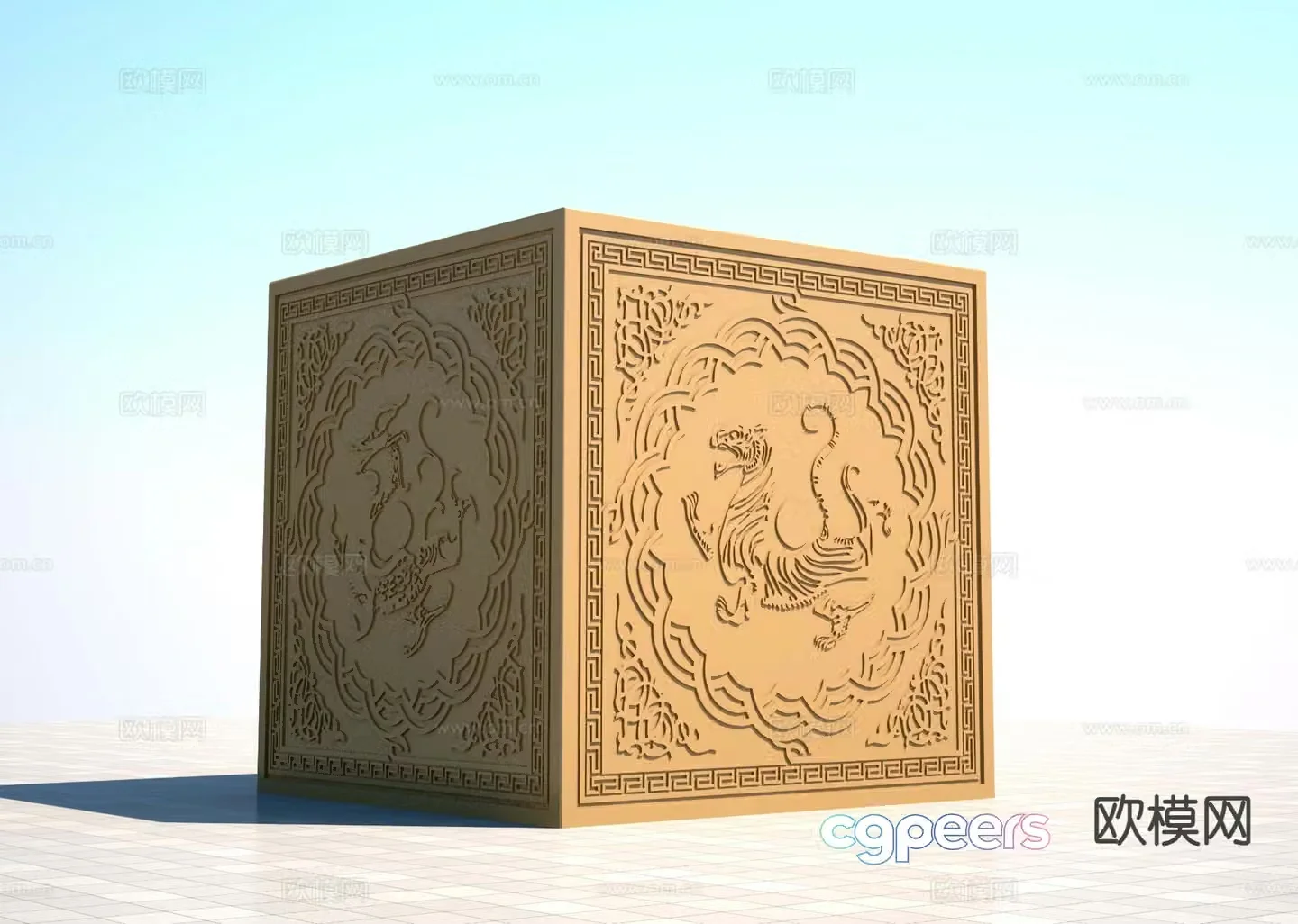 3D model of the square mythical beast box sculpture