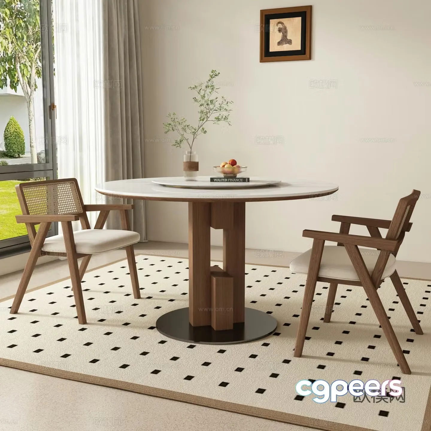 Medium style round dining table and chair 3D model