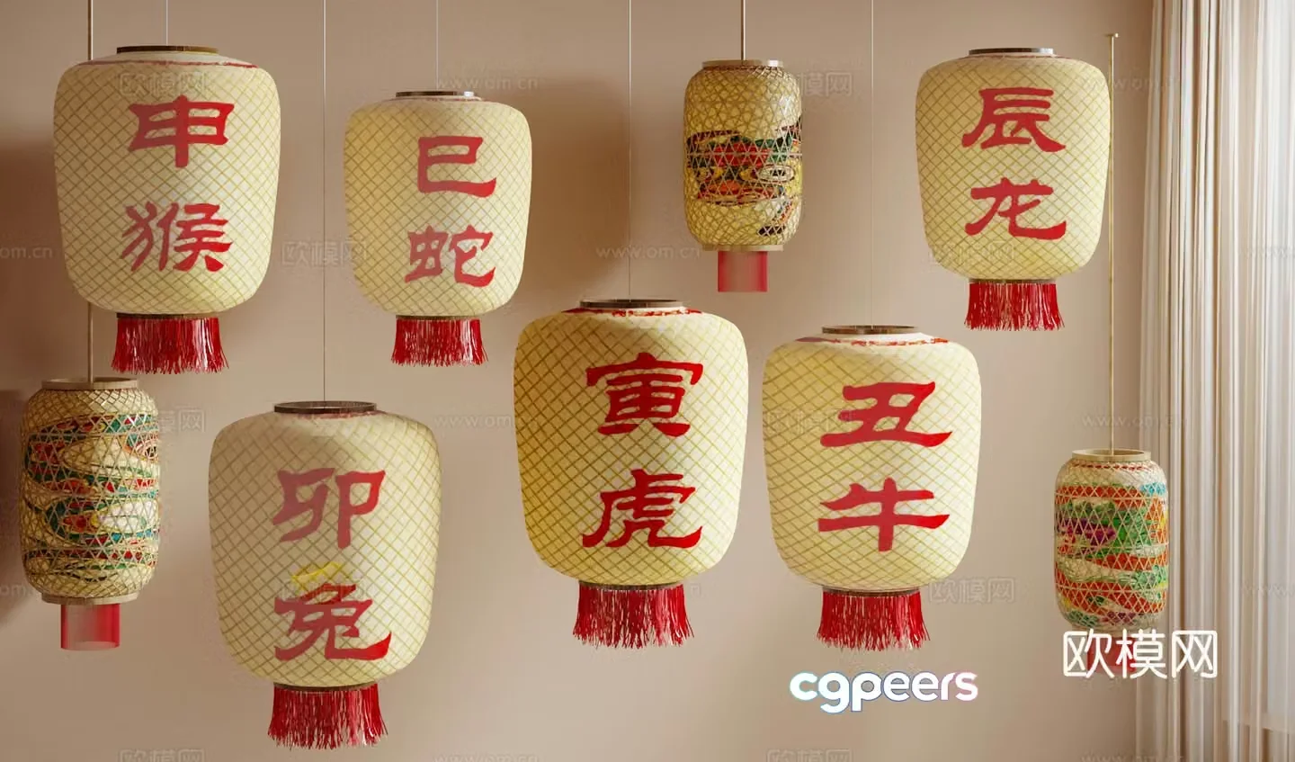 New Chinese lanterns bamboo lanterns zodiac lanterns oil paper lanterns 3D model