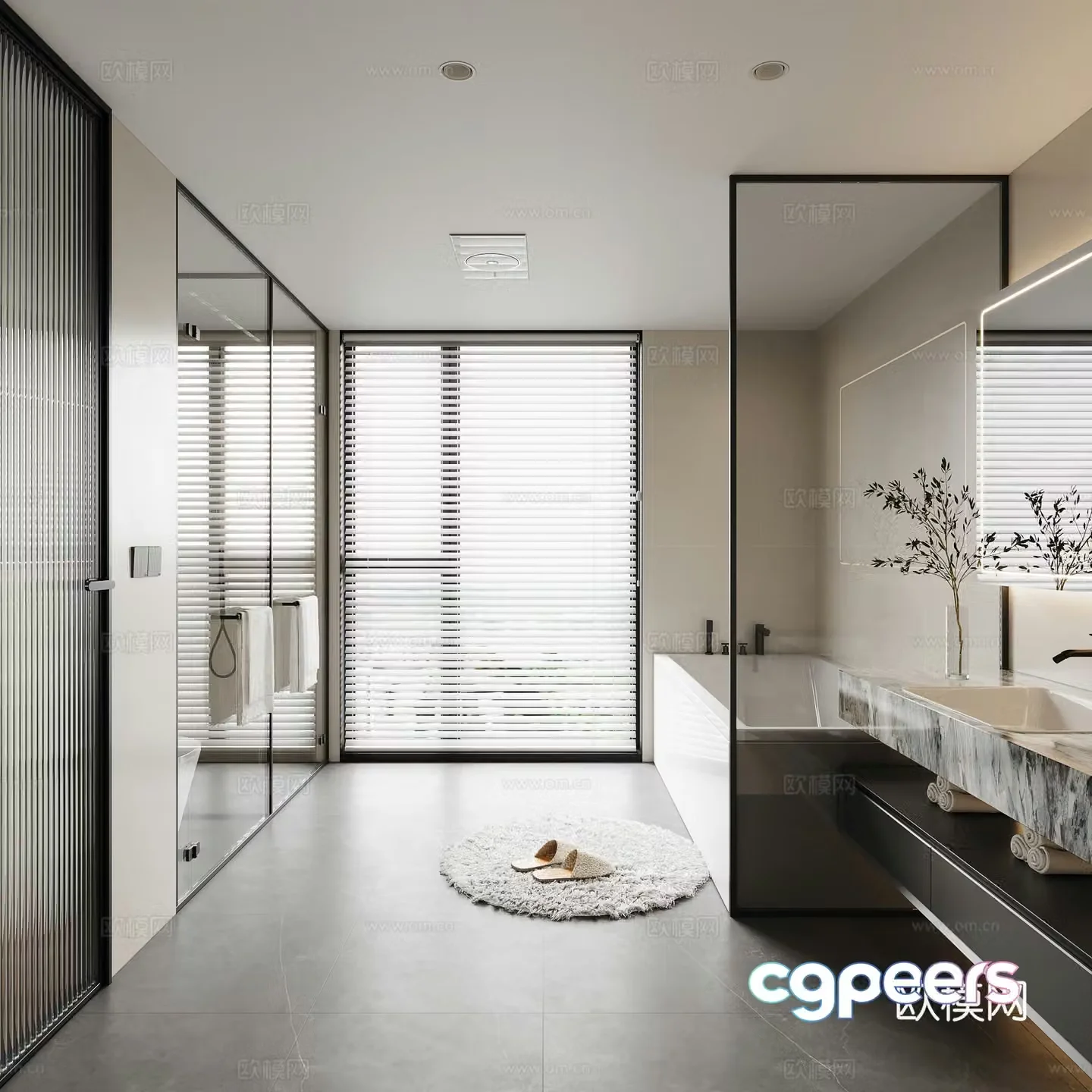 Modern bathroom Bathtub Glass partition Bath heater Round carpet 3d model