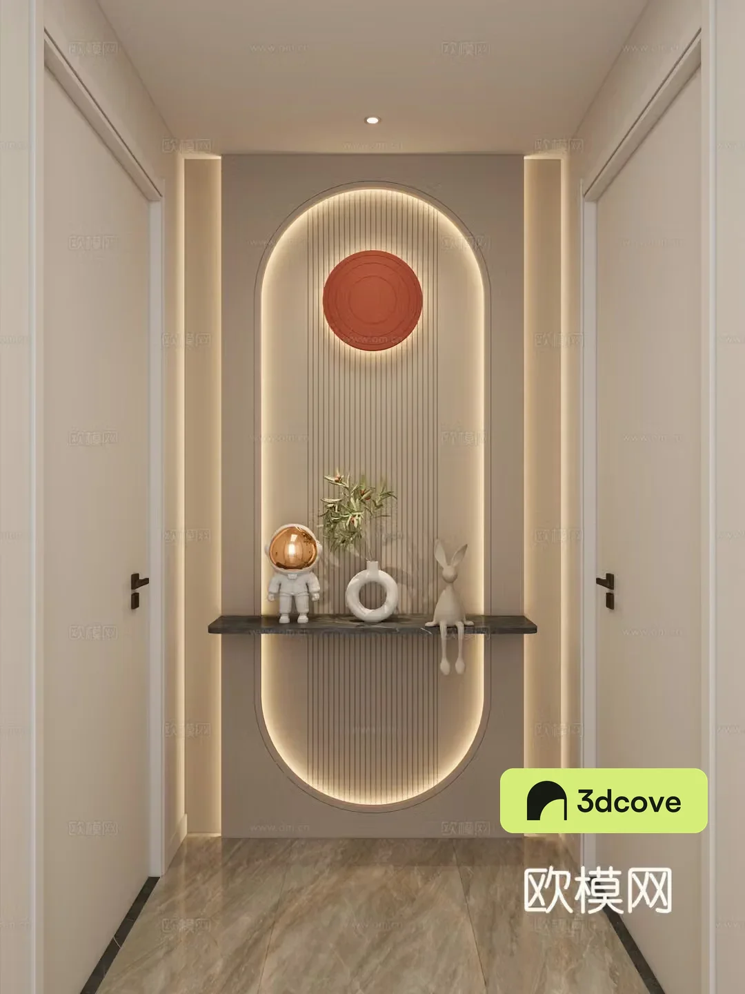 Cream Simple Style Curved Shape Hermes Orange Grid Board Corridor End View Entrance