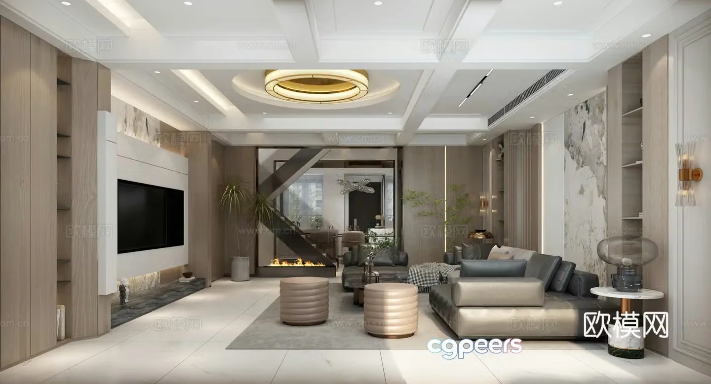 Modern living room and dining room kitchen simple and light luxury 3D model