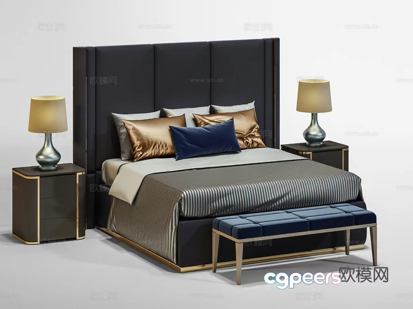 Modern double bed bedside table bedside stool desk lamp combination 3D model