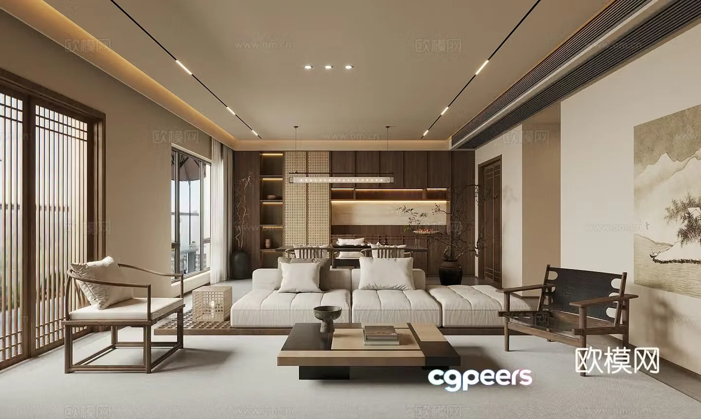 New Chinese-style Zen living room large living room horizontal living room tea table and chair combination 3D model