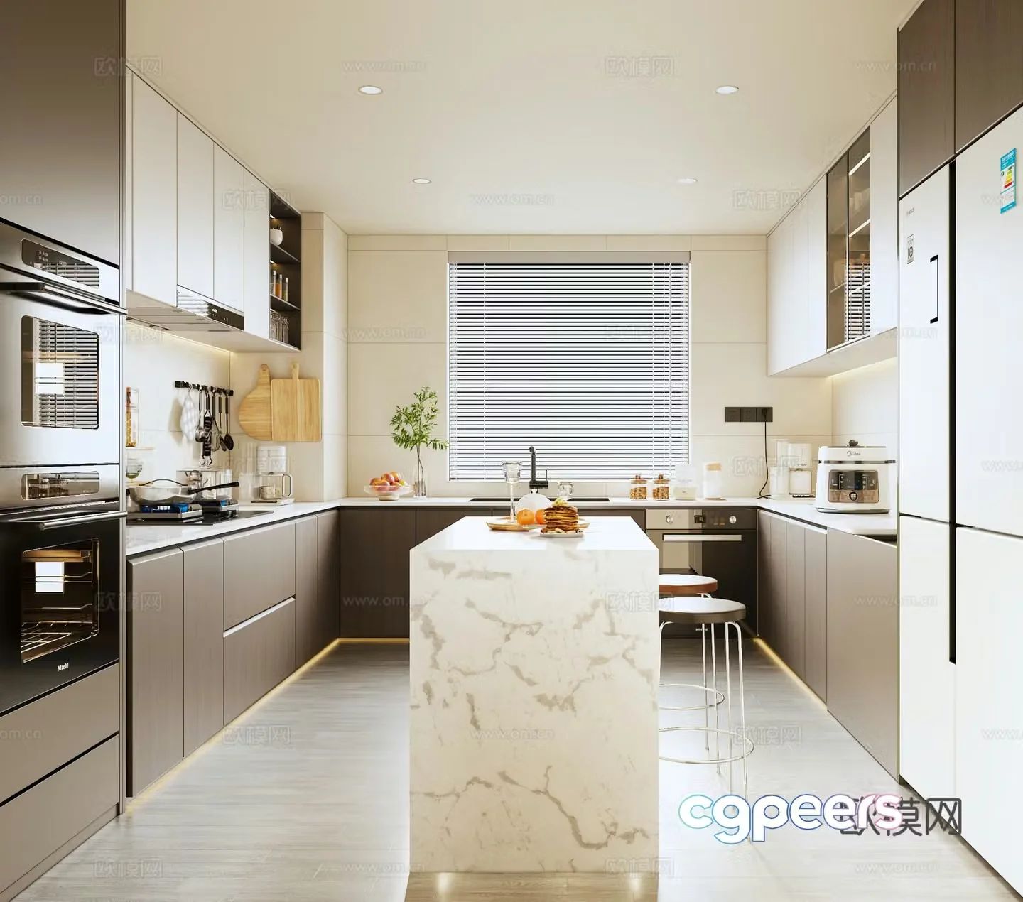 Modern Italian kitchen refrigerator cabinet island cabinet kitchen appliance 3d model