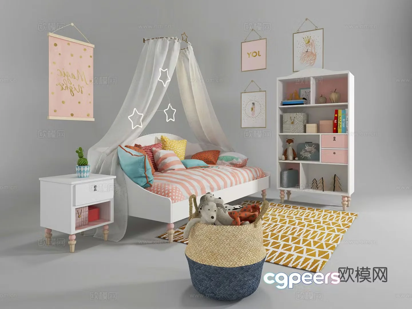 Nordic children’s room children’s bedside table toys children’s bookshelf children’s wall decoration 3D model