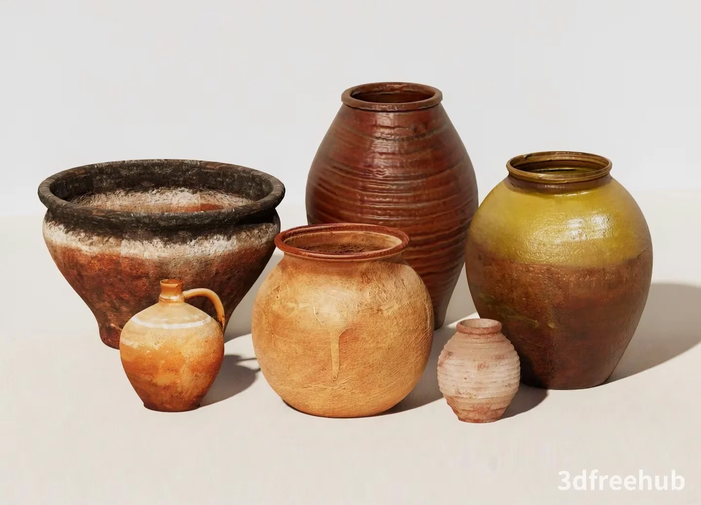 A Set Of Ancient-Looking Clay Pots 3D Model – 19940 – VRAY Render