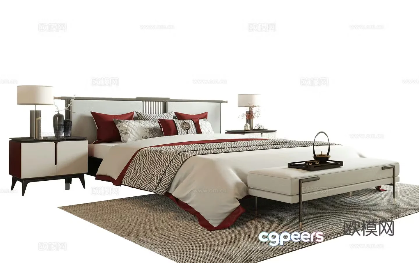 New Chinese style double bed bed tail stool bedside table 3D model
