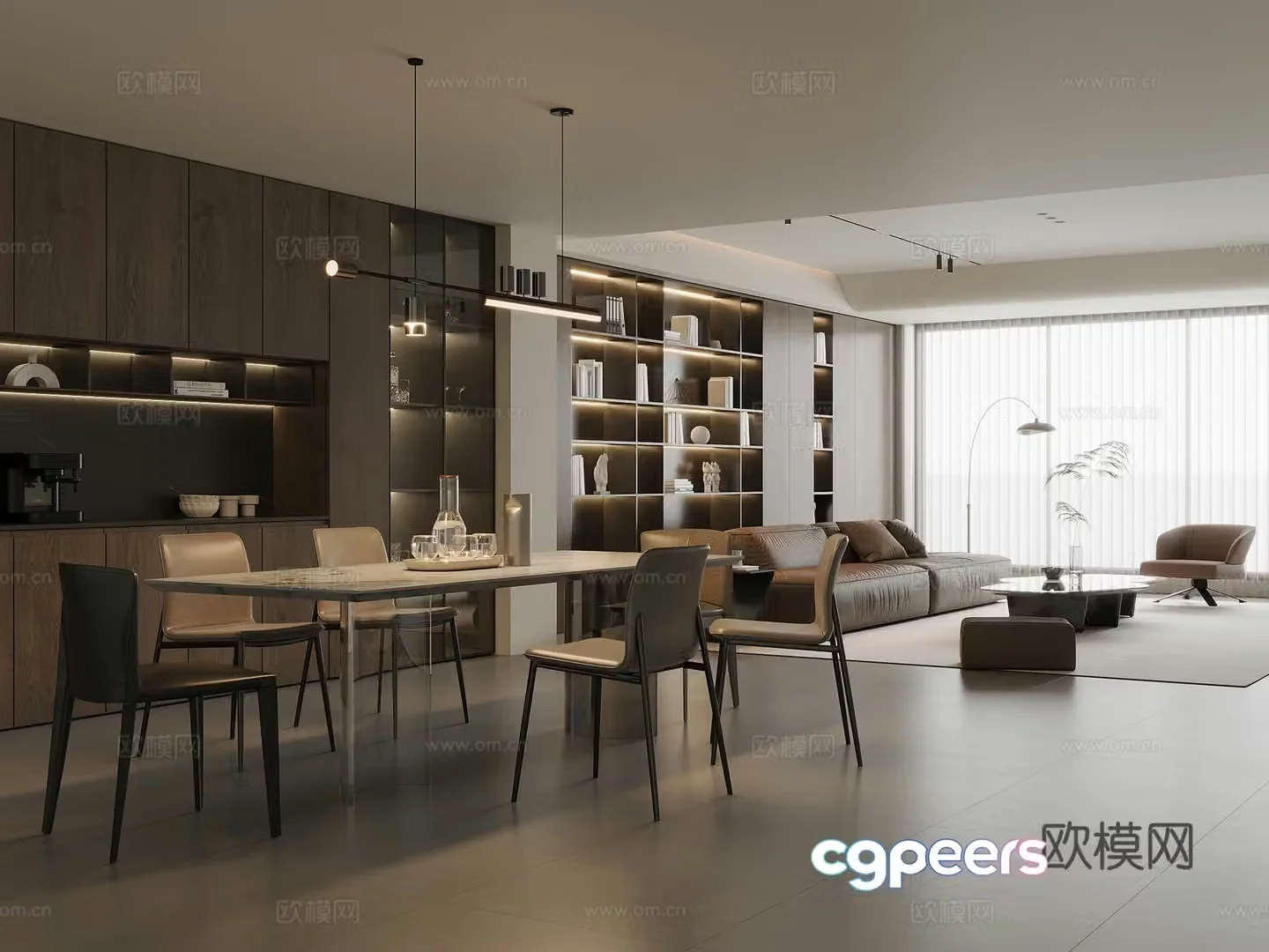 Modern Italian dining room marble dining table and chairs sideboard wine cabinet leather sofa coffee table combination 3D model