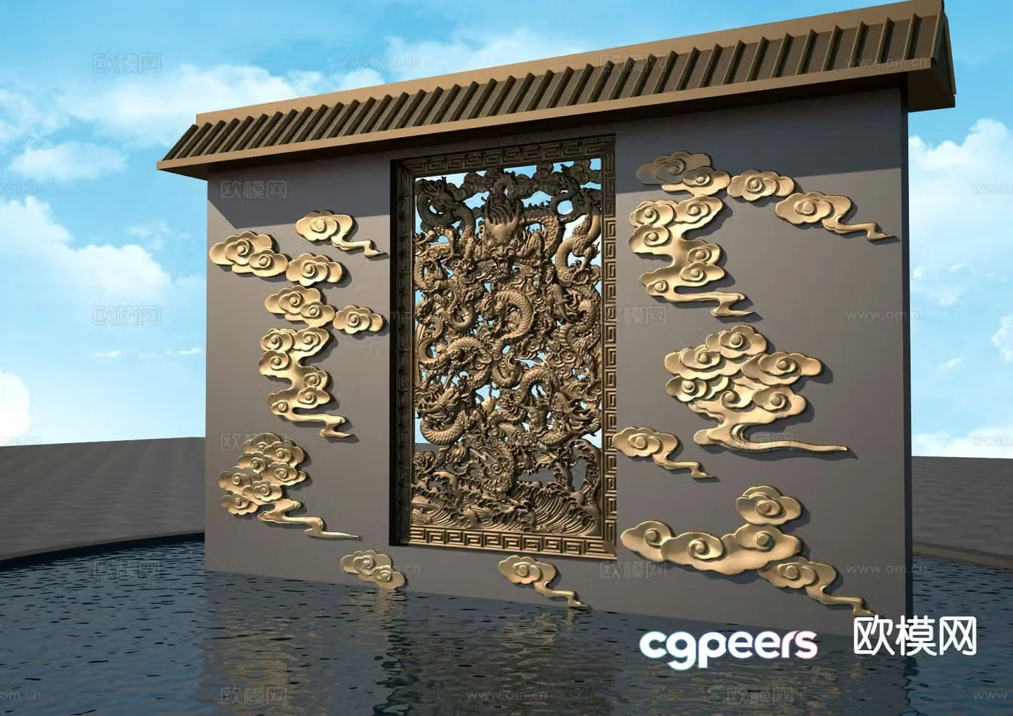New Chinese style landscape wall cloud pattern Kowloon relief wall 3D model
