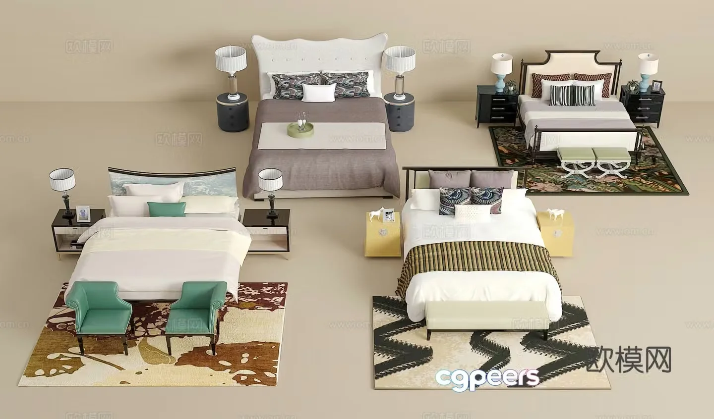 Double bed combination bedside table jewelry ornaments desk lamp carpet pillow 3D model