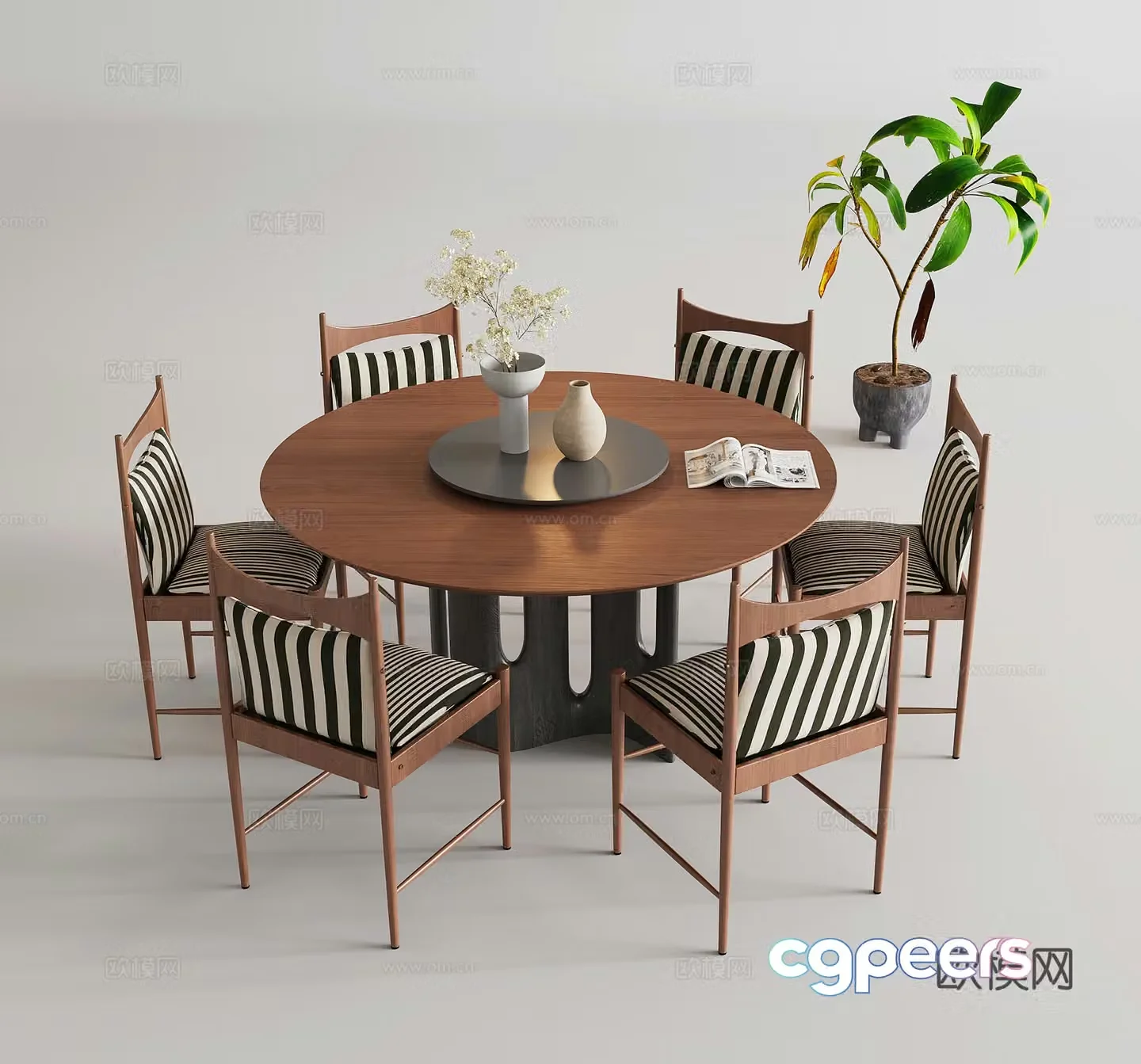 Middle style dining table dining chair round table green plant 3d model