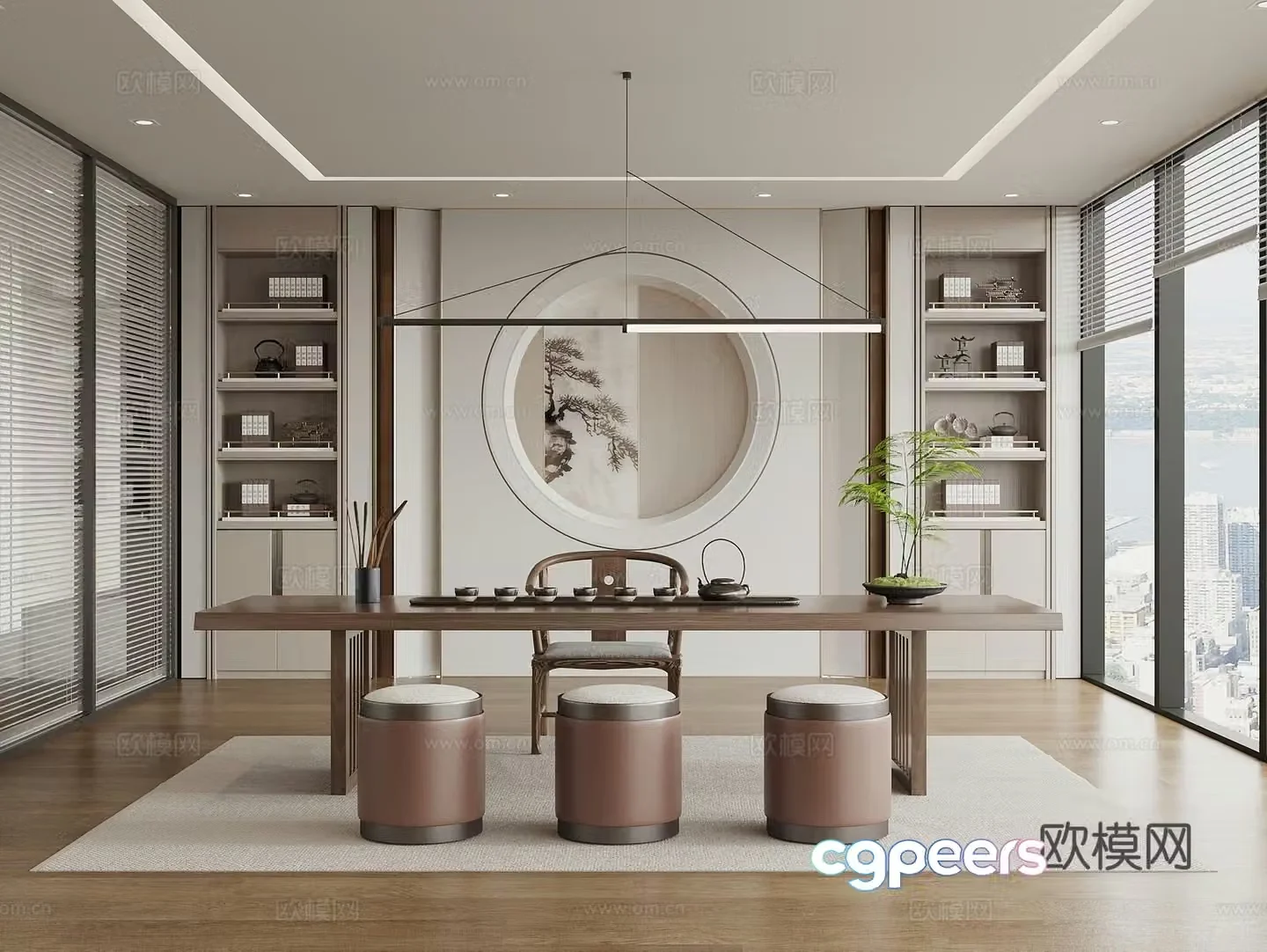 New Chinese style tea room tea table and chair tea room cabinet office tea room bookcase office chandeliers 3D model