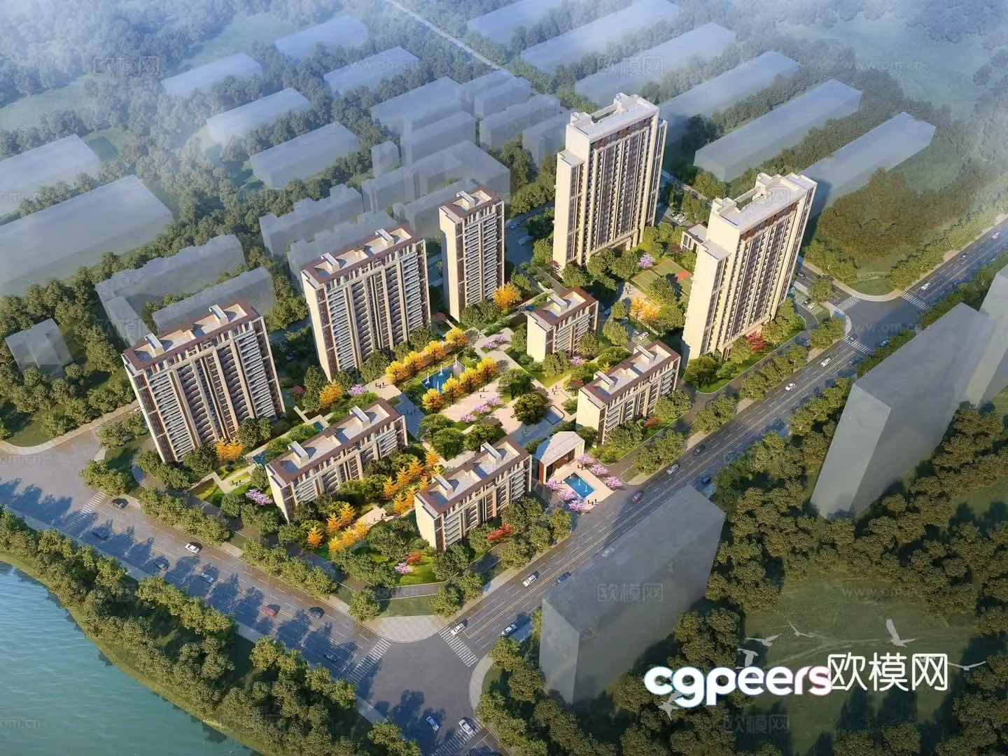 Residential area aerial view 3d model