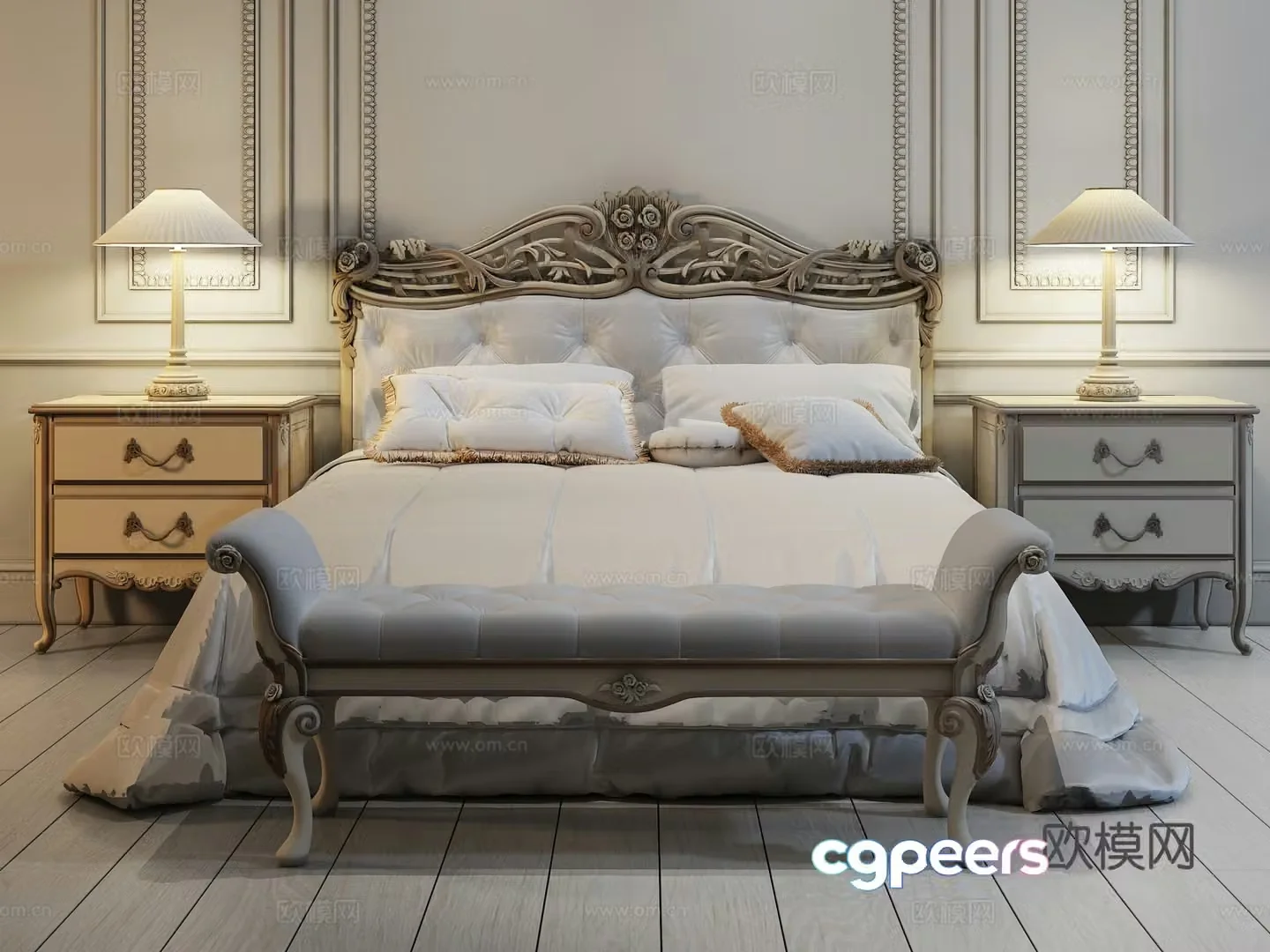 European style fabric double bed bedside counter lamp combination bed end stool 3D model