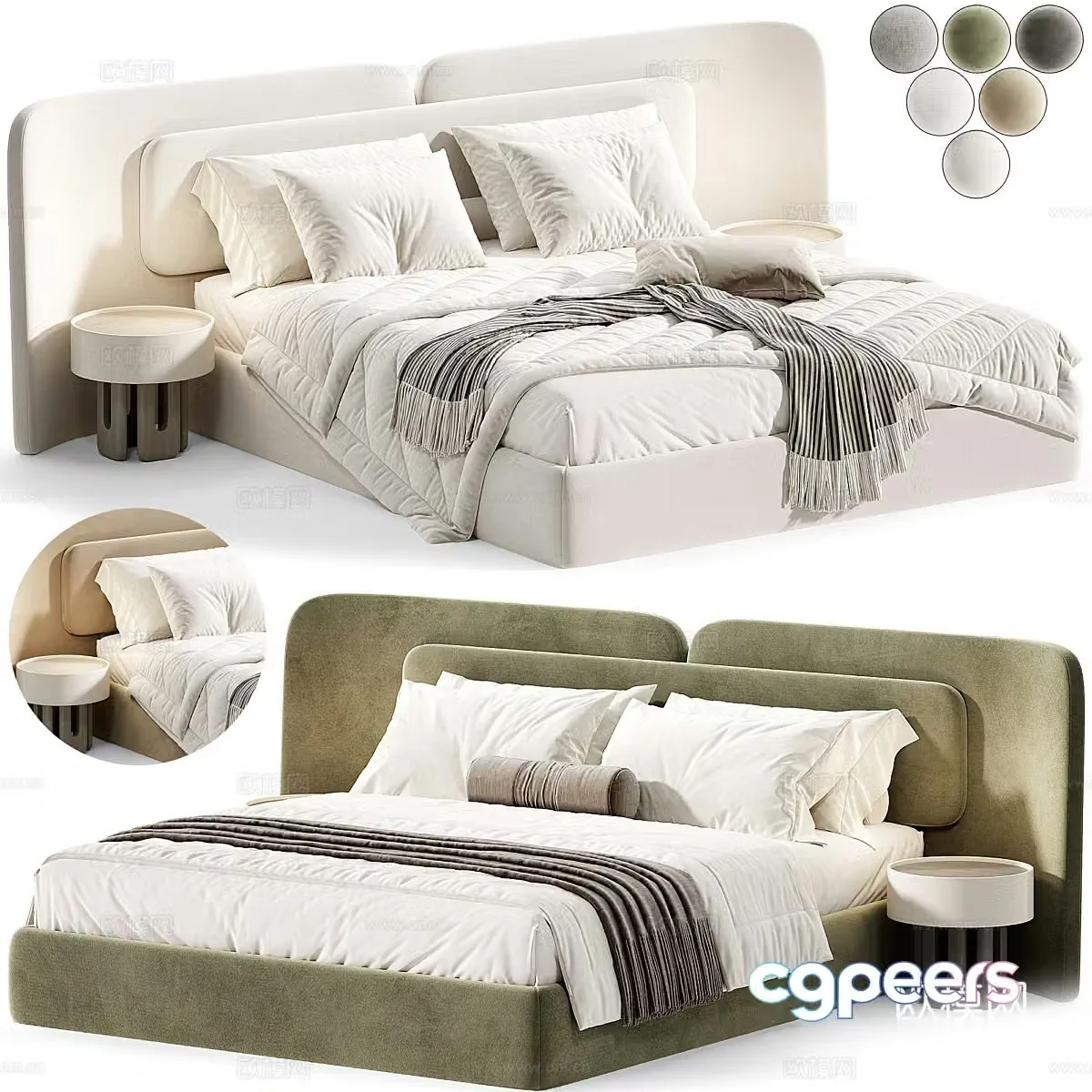 Modern Italian cream style fabric double bed 3d model