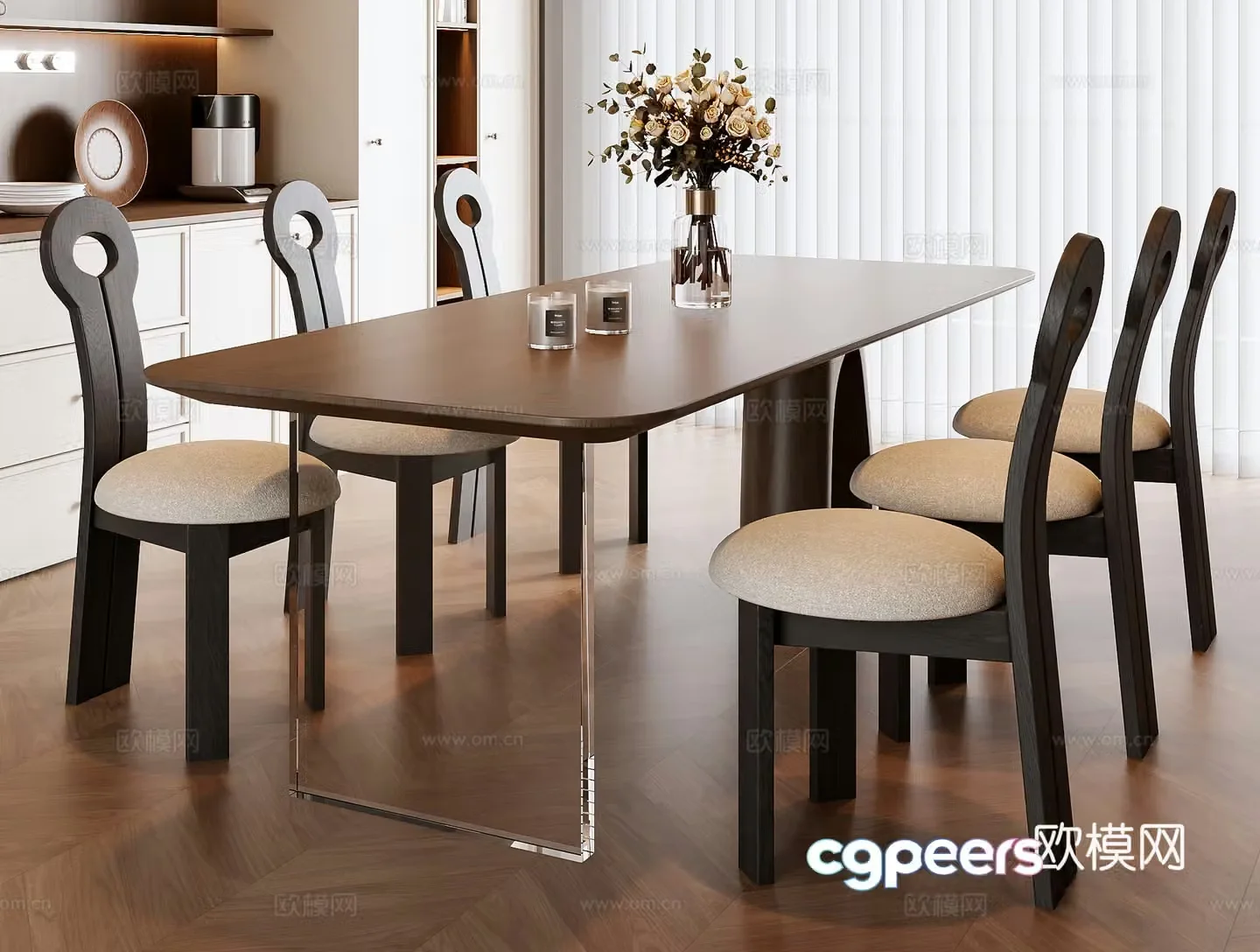 Medium style dining table and chair combination 3D model