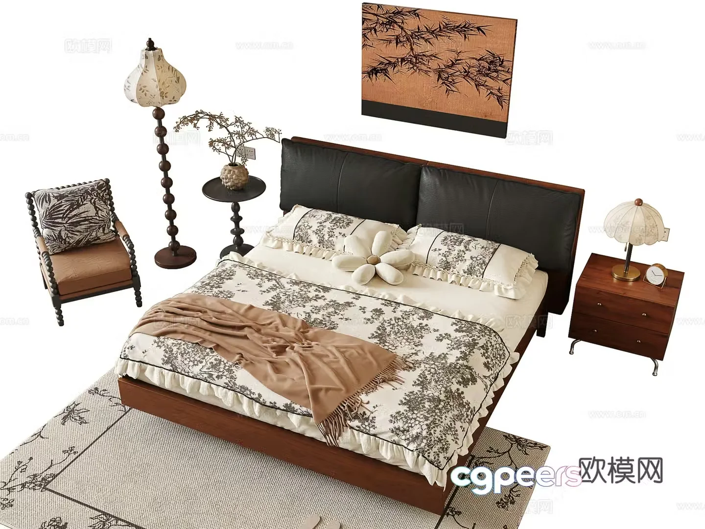 Middle -aged wind double bed 3D model