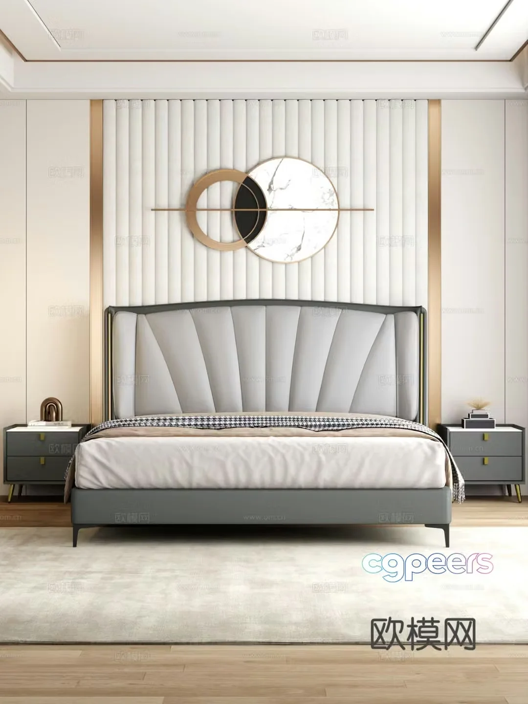 Light luxury bedroom bedside double bed bedside table 3D model
