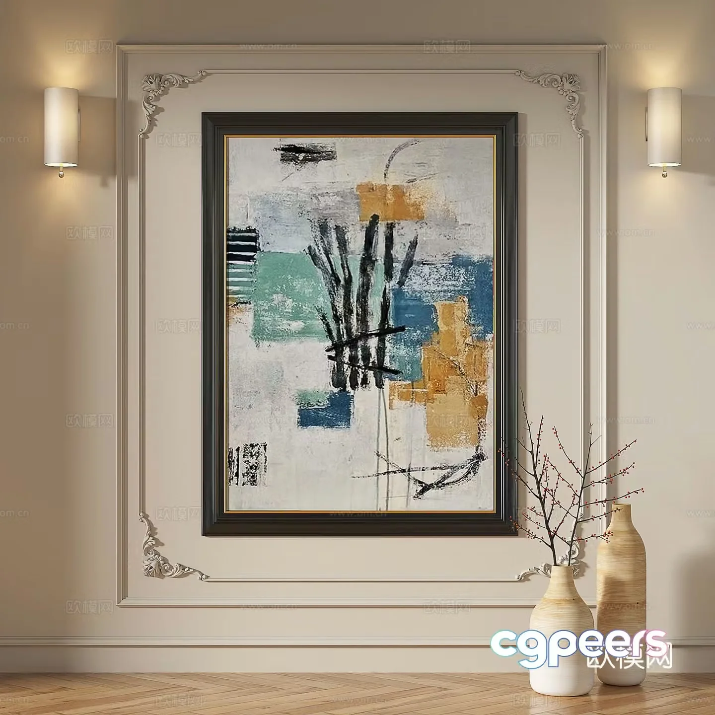 French modern retro medieval oil painting abstract light luxury decorative painting 3d model