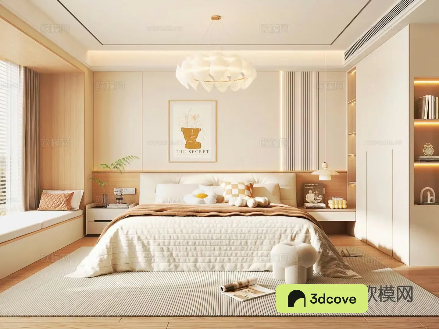 Creamy style bedroom Creamy style fabric double bed nightstand modern wardrobe Creamy style bedroom
