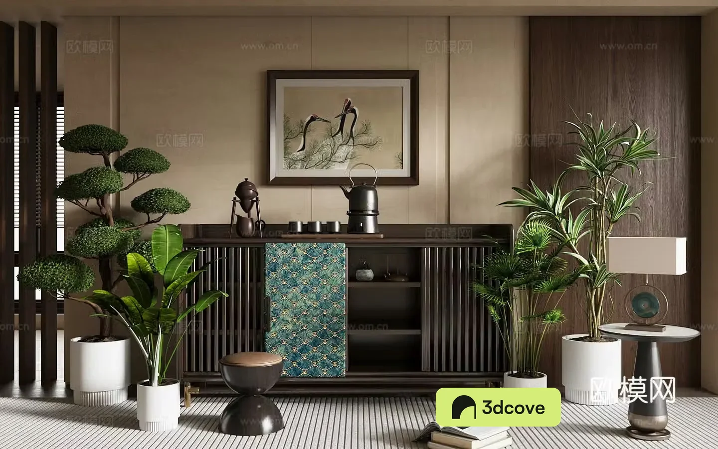 New Chinese style chest of drawers side cabinets ornaments combinations Chinese style hanging paintings floral green plants