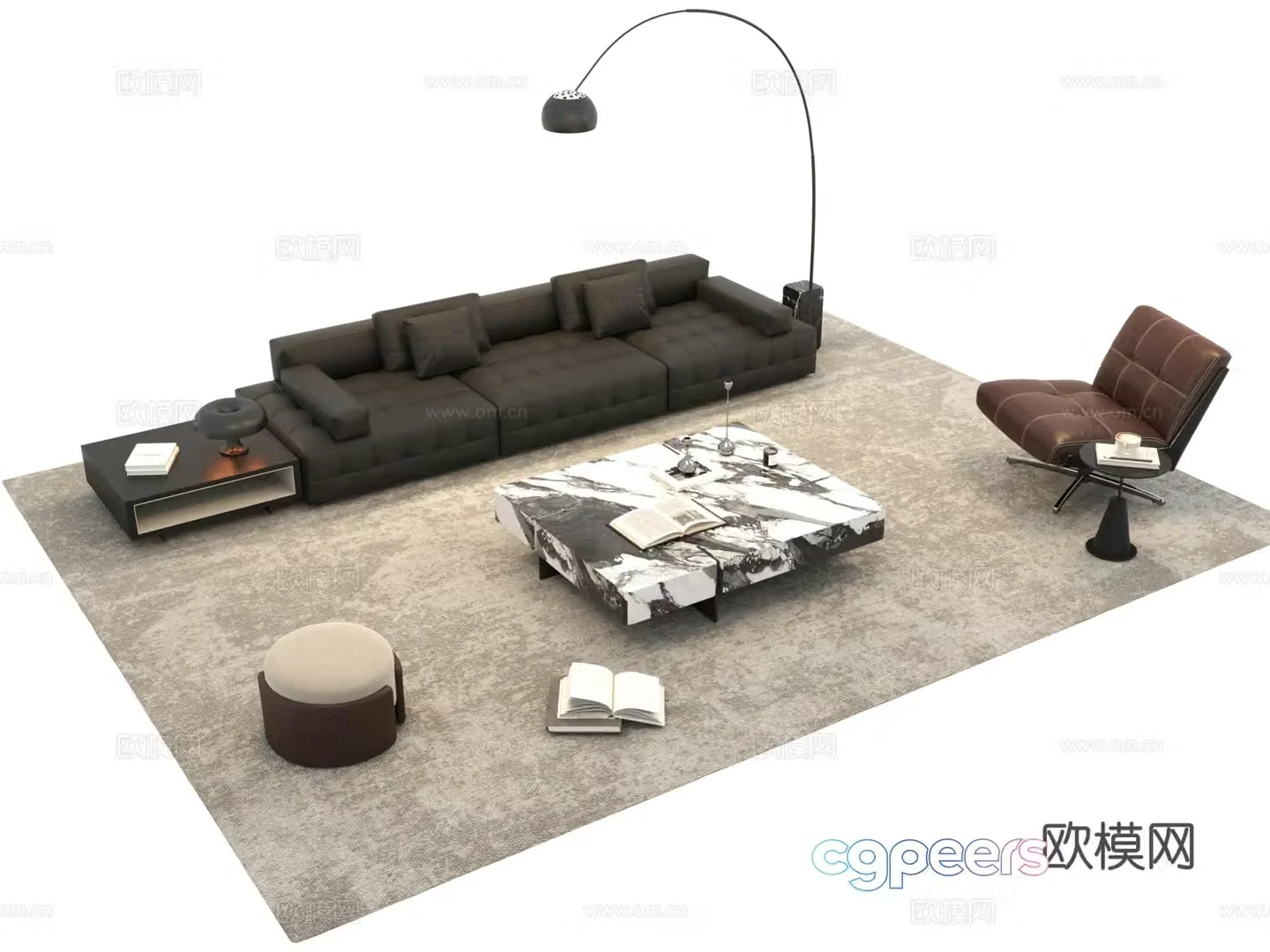 Modern Italian sofa combination rock-panel coffee table sofa coffee table combination multi-person sofa 3D model